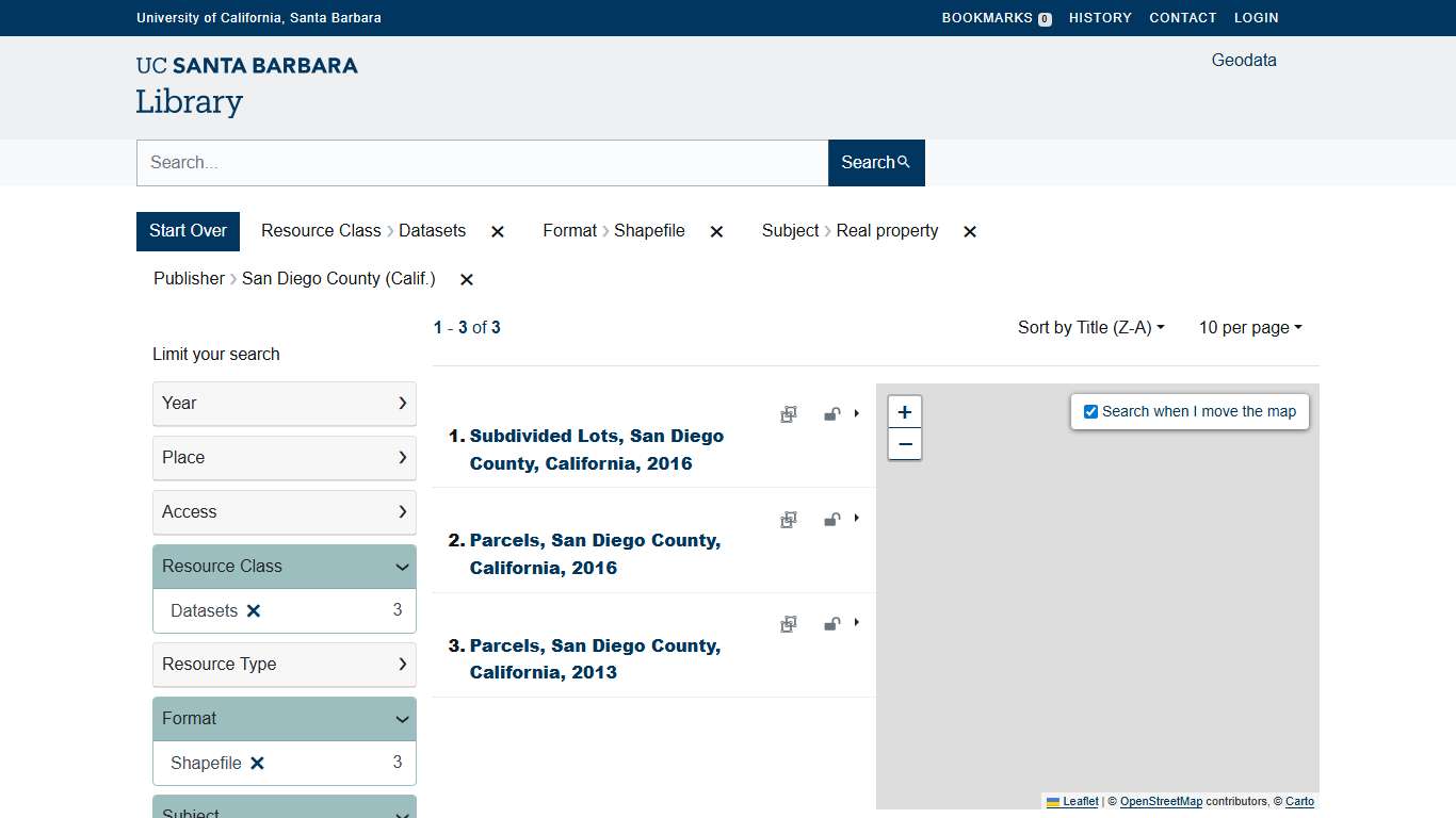 Resource Class: Datasets / Format: Shapefile / Subject: Real property / Publisher: San Diego County (Calif.) - GeoBlacklight Search Results
